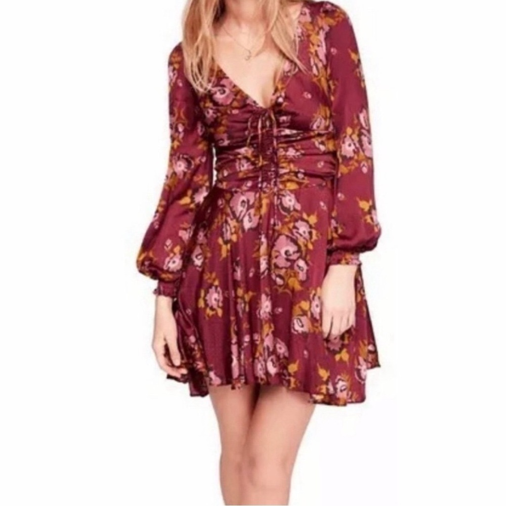Free People burgundy Morning Light floral fit & flare long sleeve mini dress 10